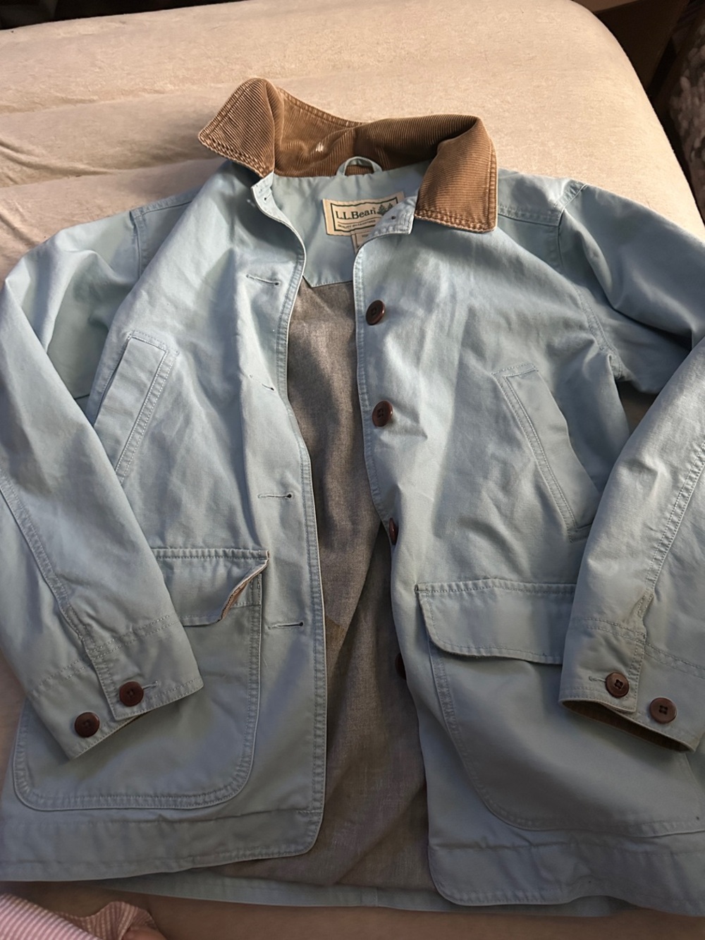 L.L. Bean Light Blue Canvas Barn Jacket with Brown Corduroy Collar